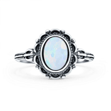 Vintage Style Petite Dainty Lab Created White Opal Ring Solid Oval Oxidized 925 Sterling Silver